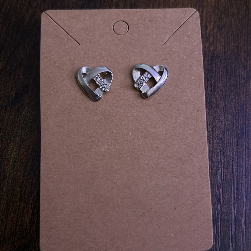Silver Heart Ribbon Stud Earrings with Crystals